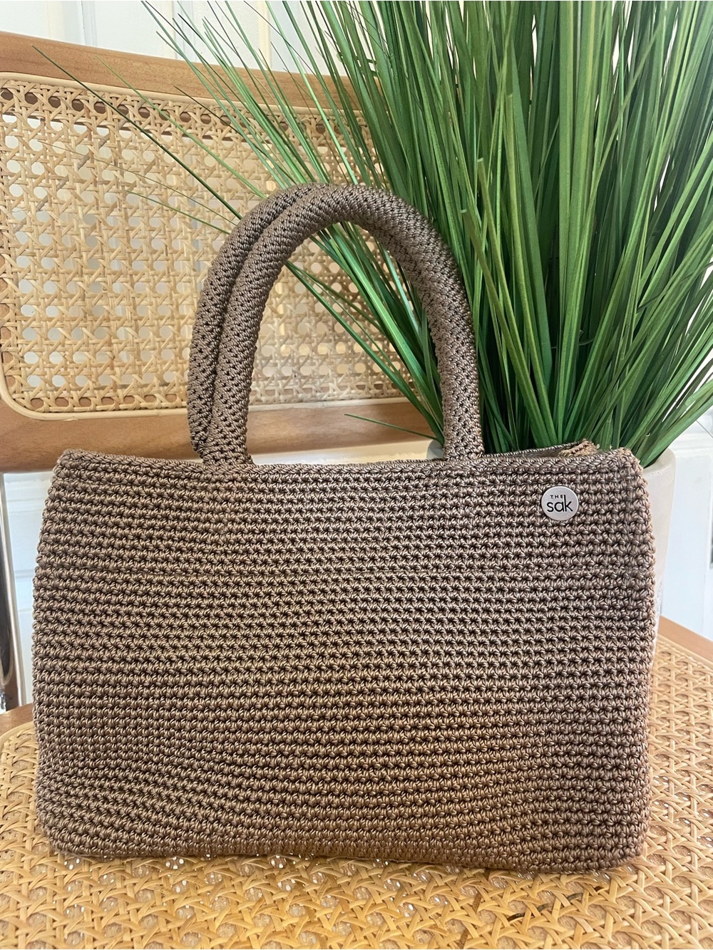 The Sak SMALL Brown Crochet Tote Bag, Top Handel Satchel, Handbag Purse